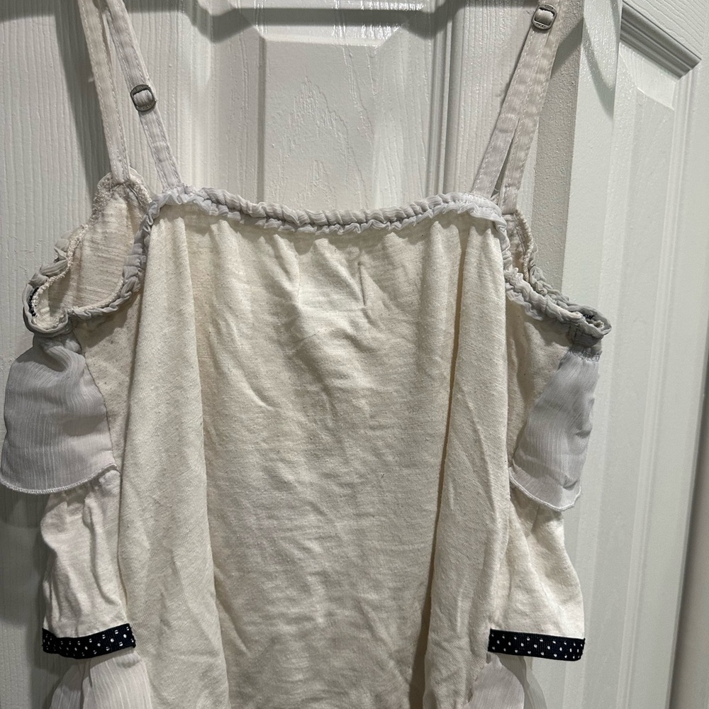 Gilly Hicks White Ruffle blouse with Navy Polka Dot Trim - Picture 3 of 3